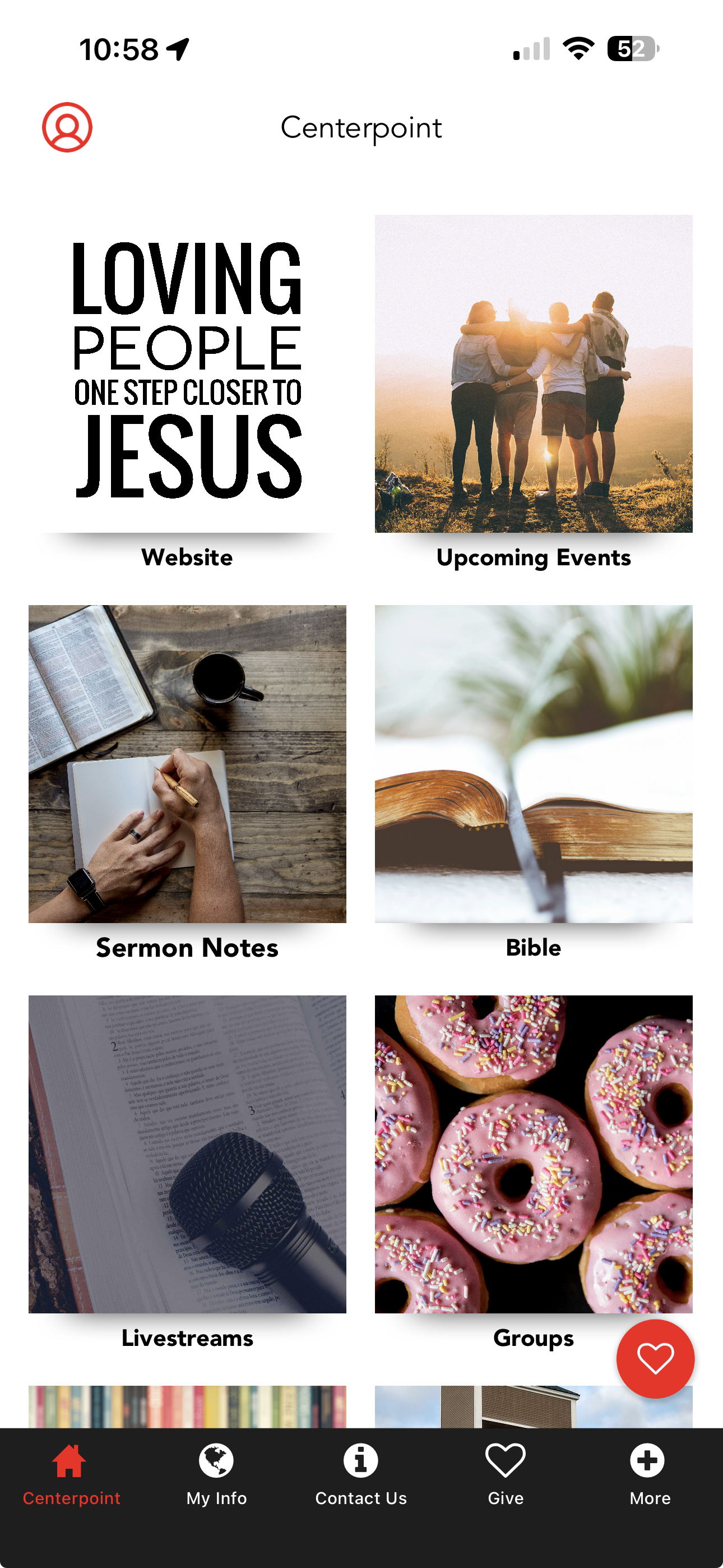 Centerpoint mobile app home screen showing church resources and navigation