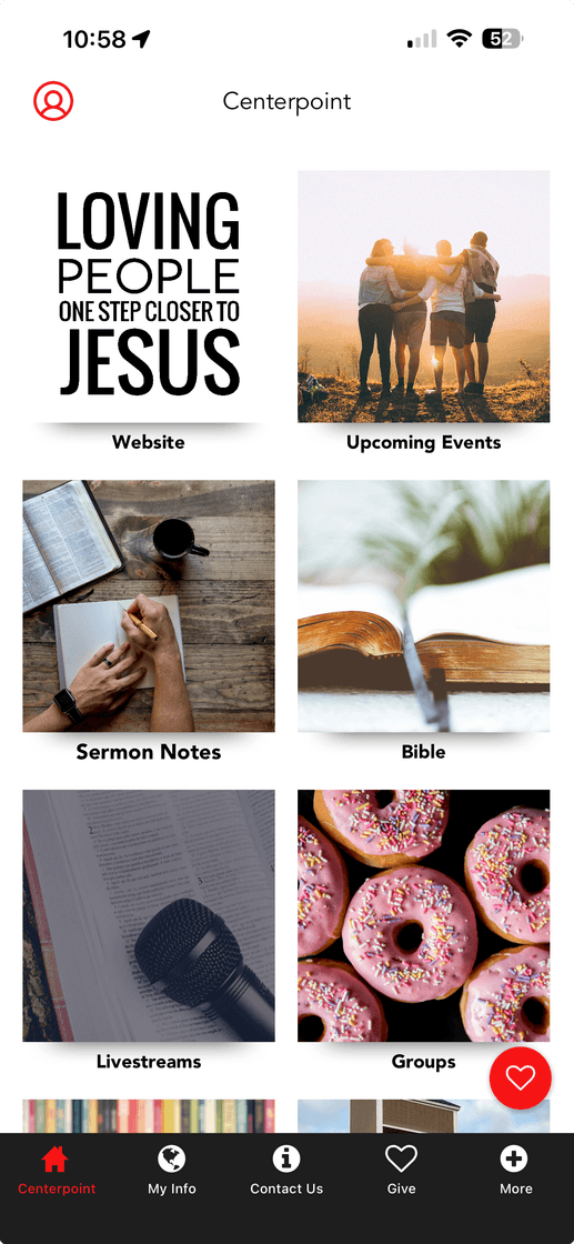 Centerpoint mobile app home screen showing church resources and navigation