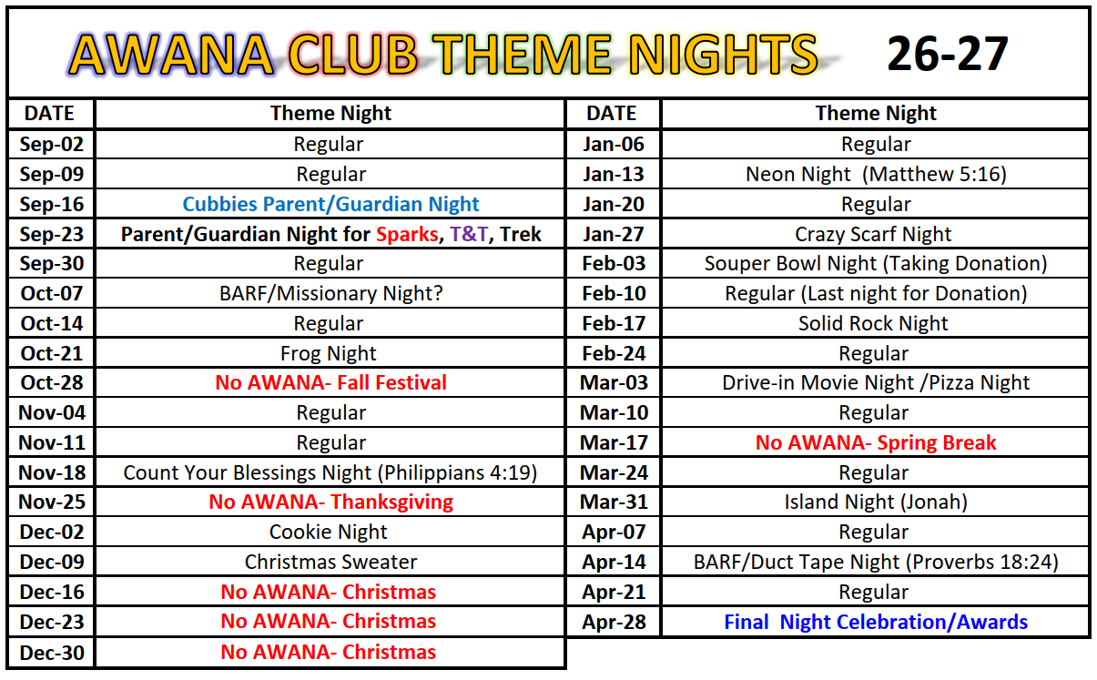 Awana Theme Night Schedule 26-27