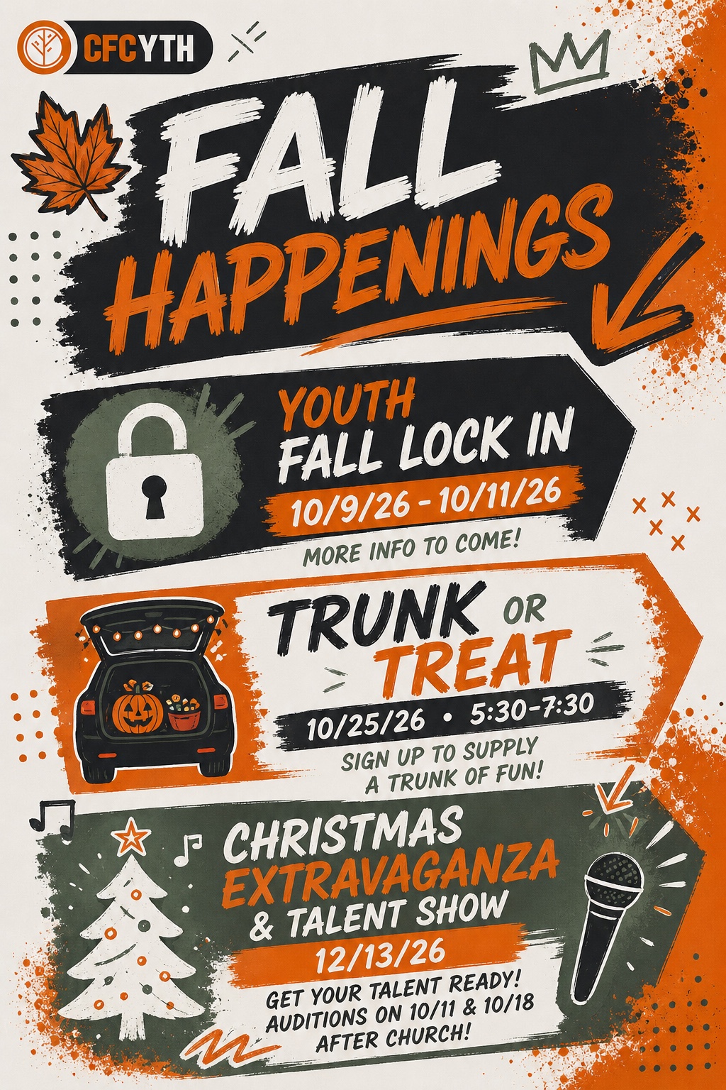 CFC YTH Fall Happenings: Fall Lock-In, Trunk or Treat, and Christmas Extravaganza