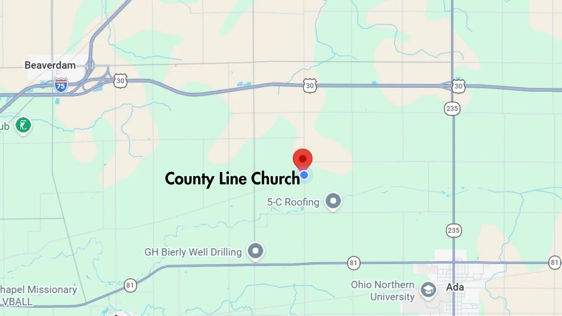 Map to County Line Church near Ada Ohio