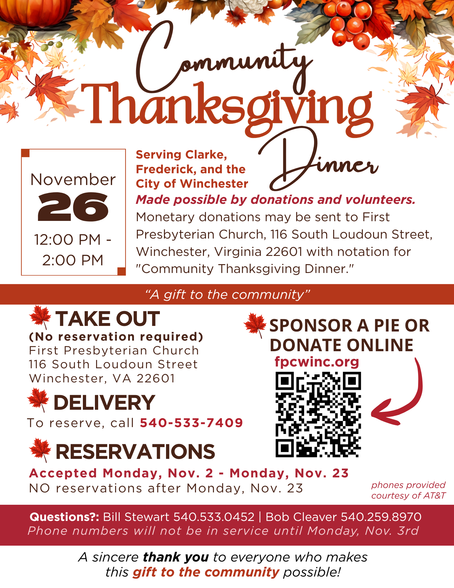 Community Thanksgiving Dinner, November 26, 2026, noon to 2 p.m. at First Presbyterian Church, Winchester. Takeout available without a reservation. For delivery, call 540-533-7409 to reserve November 2&ndash;23.