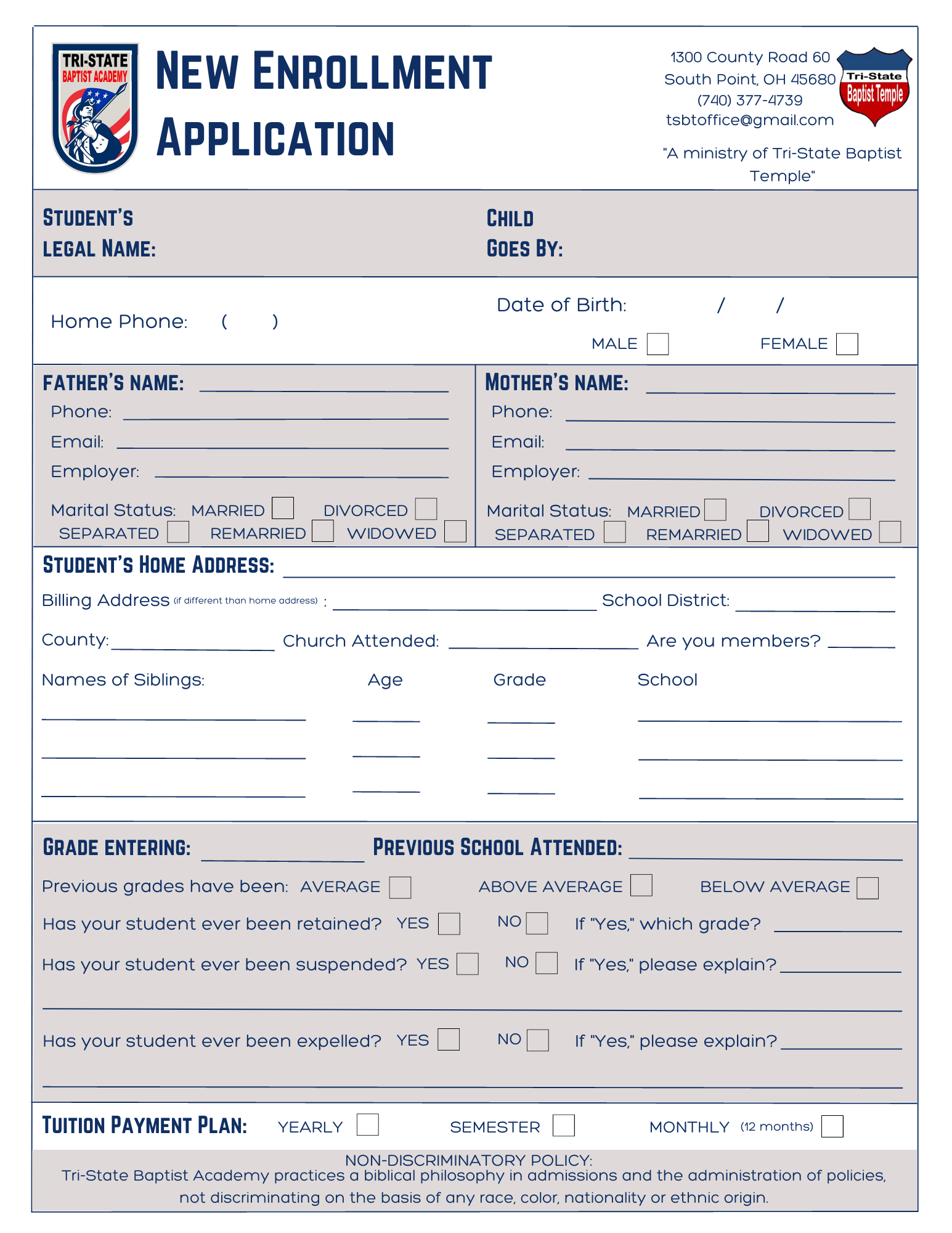 Admissions | Academy | Tri-State Baptist Temple