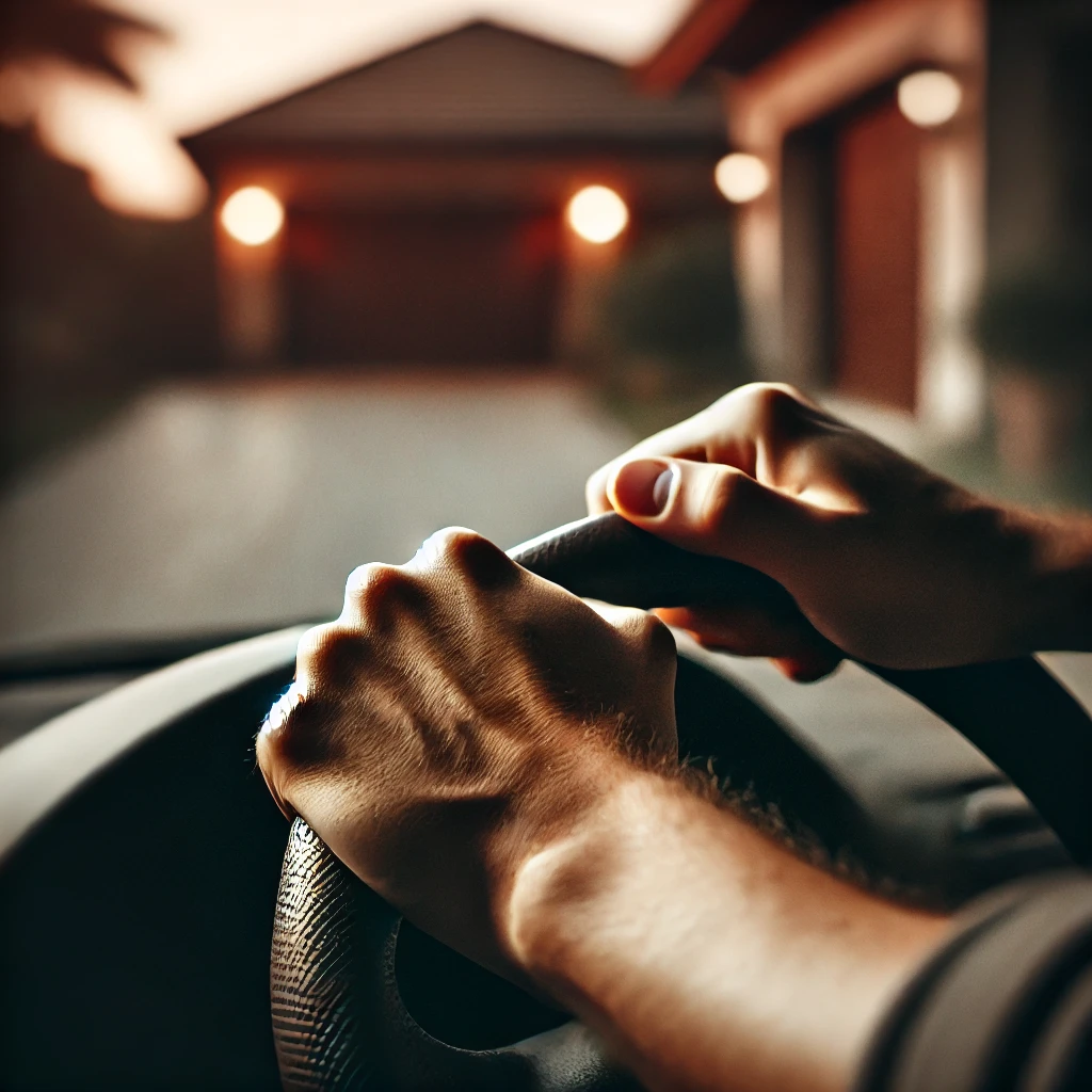 Hands gripping steering wheel