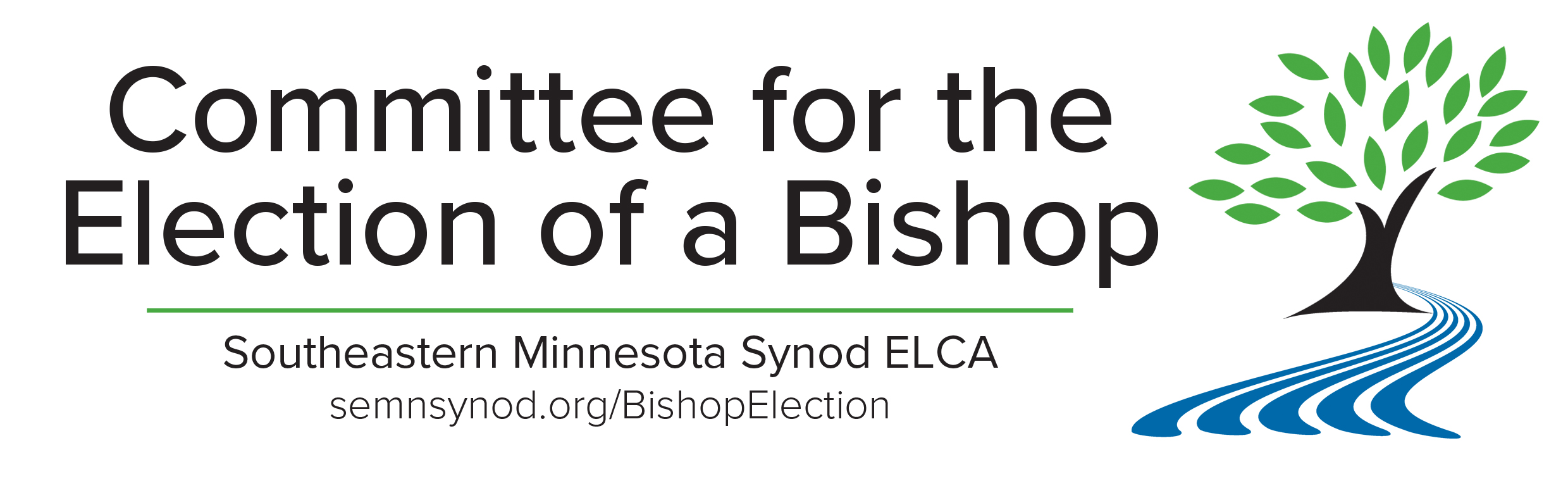 White background with black text that reads "Committee for the Election of a Bishop, Southeastern Minnesota Synod ELCA, semnsynod.org/BishopElection" with the synod's tree and river logo on the right side.